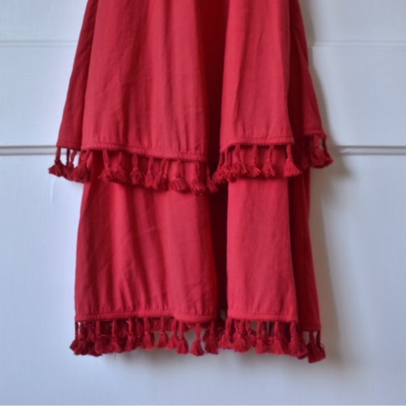Lulu’s PENSACOLA RED OFF-THE-SHOULDER TASSELED MIDI DRESS - Picture 3 of 7